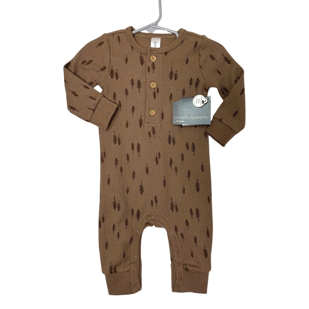 Modern Moment Gerber Romper Baby 3-6M Brown Waffle Knit Pine Tree Henley Thermal